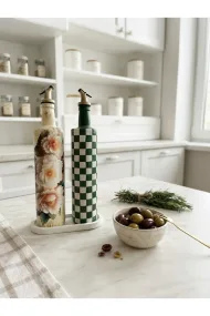 Büyük boy 2'li set Cam Yağdanlık Sirkelik Seti 750 ml - El Yapımı Beyaz Çiçek Ve Yeşil Damalı Desenli Set - Görsel 8