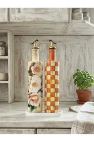 Büyük boy 2'li set Cam Yağdanlık Sirkelik Seti 750 ml - El Yapımı Beyaz Çiçek Ve Turuncu Eskitme Damalı Desenli Set - Görsel 2