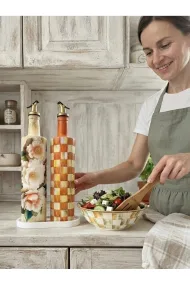 Büyük boy 2'li set Cam Yağdanlık Sirkelik Seti 750 ml - El Yapımı Beyaz Çiçek Ve Turuncu Eskitme Damalı Desenli Set - Görsel 3