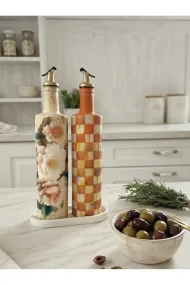 Büyük boy 2'li set Cam Yağdanlık Sirkelik Seti 750 ml - El Yapımı Beyaz Çiçek Ve Turuncu Eskitme Damalı Desenli Set - Görsel 6