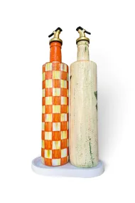 Büyük boy 2'li set Cam Yağdanlık Sirkelik Seti 750 ml - El Yapımı Beyaz Çiçek Ve Turuncu Eskitme Damalı Desenli Set - Görsel 7