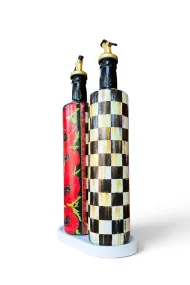 Büyük boy 2'li set Cam Yağdanlık Sirkelik Seti 750 ml - El Yapımı Kırmızı Çiçek Ve siyah Krem eskitme Damalı Desenli Set - Görsel 6