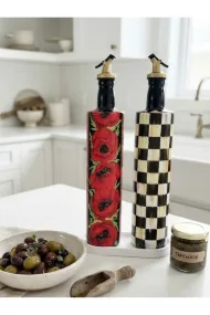 Büyük boy 2'li set Cam Yağdanlık Sirkelik Seti 750 ml - El Yapımı Kırmızı Çiçek Ve siyah Krem eskitme Damalı Desenli Set - Görsel 7
