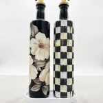 Büyük boy 2'li set Cam Yağdanlık Sirkelik Seti 750 ml - El Yapımı beyaz Çiçek Ve siyah beyaz eskitme Damalı Desenli Set