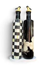 Büyük boy 2'li set Cam Yağdanlık Sirkelik Seti 750 ml - El Yapımı beyaz Çiçek Ve siyah beyaz eskitme Damalı Desenli Set - Görsel 7