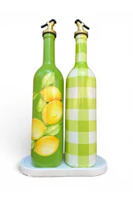 750 ml El Boyaması Yeşil Limon Desenli Cam Zeytinyağı & Sirkelik Şişe Seti – Mutfak Aksesuarı