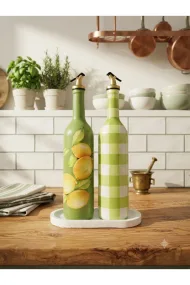 750 ml El Boyaması Yeşil Limon Desenli Cam Zeytinyağı & Sirkelik Şişe Seti – Mutfak Aksesuarı - Görsel 2