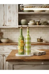 750 ml El Boyaması Yeşil Limon Desenli Cam Zeytinyağı & Sirkelik Şişe Seti – Mutfak Aksesuarı - Görsel 7