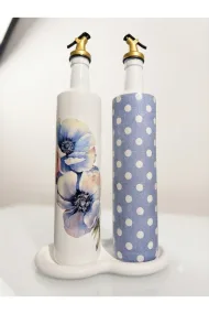 750 ml Büyük Boy Cam Yağdanlık Sirkelik 2 li Set – Çiçek ve Mavi beyaz puantiyeli Dekoratif Zeytinyağı Şişesi – Modern Mutfak Aksesuarı - Görsel 3