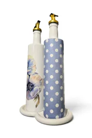 750 ml Büyük Boy Cam Yağdanlık Sirkelik 2 li Set – Çiçek ve Mavi beyaz puantiyeli Dekoratif Zeytinyağı Şişesi – Modern Mutfak Aksesuarı - Görsel 5