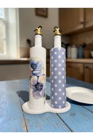 750 ml Büyük Boy Cam Yağdanlık Sirkelik 2 li Set – Çiçek ve Mavi beyaz puantiyeli Dekoratif Zeytinyağı Şişesi – Modern Mutfak Aksesuarı - Görsel 7