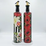 750 ml Büyük Boy Cam Yağdanlık Sirkelik 2 li Set – Siyah Beyaz çizgili ve Çiçekli Dekoratif Zeytinyağı Şişesi – Modern Mutfak Aksesuarı
