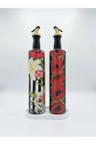 750 ml Büyük Boy Cam Yağdanlık Sirkelik 2 li Set – Siyah Beyaz çizgili ve Çiçekli Dekoratif Zeytinyağı Şişesi – Modern Mutfak Aksesuarı