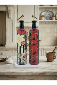 750 ml Büyük Boy Cam Yağdanlık Sirkelik 2 li Set – Siyah Beyaz çizgili ve Çiçekli Dekoratif Zeytinyağı Şişesi – Modern Mutfak Aksesuarı - Görsel 2