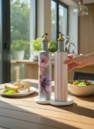 750 ml Büyük Boy El Yapımı Cam Yağdanlık Sirkelik 2'li Set – Çiçek Desenli ve Çizgili Dekoratif Zeytinyağı Şişesi – Modern Mutfak Aksesuarı - Görsel 23