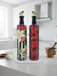 750 ml Büyük Boy El Yapımı Cam Yağdanlık Sirkelik 2'li Set – Çiçek Desenli ve Çizgili Dekoratif Zeytinyağı Şişesi – Modern Mutfak Aksesuarı - Görsel 37