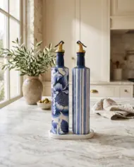 750 ml Büyük Boy El Yapımı Cam Yağdanlık Sirkelik 2'li Set – Çiçek Desenli ve Çizgili Dekoratif Zeytinyağı Şişesi – Modern Mutfak Aksesuarı - Görsel 4