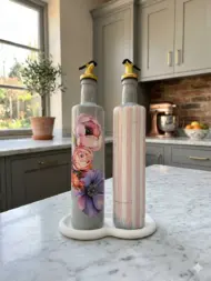 750 ml Büyük Boy El Yapımı Cam Yağdanlık Sirkelik 2'li Set – Çiçek Desenli ve Çizgili Dekoratif Zeytinyağı Şişesi – Modern Mutfak Aksesuarı - Görsel 19