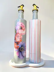 750 ml Büyük Boy El Yapımı Cam Yağdanlık Sirkelik 2'li Set – Çiçek Desenli ve Çizgili Dekoratif Zeytinyağı Şişesi – Modern Mutfak Aksesuarı - Görsel 20