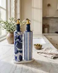 750 ml Büyük Boy El Yapımı Cam Yağdanlık Sirkelik 2'li Set – Çiçek Desenli ve Çizgili Dekoratif Zeytinyağı Şişesi – Modern Mutfak Aksesuarı - Görsel 6