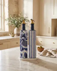 750 ml Büyük Boy El Yapımı Cam Yağdanlık Sirkelik 2'li Set – Çiçek Desenli ve Çizgili Dekoratif Zeytinyağı Şişesi – Modern Mutfak Aksesuarı - Görsel 5