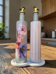 750 ml Büyük Boy El Yapımı Cam Yağdanlık Sirkelik 2'li Set – Çiçek Desenli ve Çizgili Dekoratif Zeytinyağı Şişesi – Modern Mutfak Aksesuarı - Görsel 21