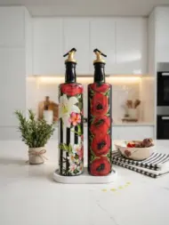 750 ml Büyük Boy El Yapımı Cam Yağdanlık Sirkelik 2'li Set – Çiçek Desenli ve Çizgili Dekoratif Zeytinyağı Şişesi – Modern Mutfak Aksesuarı - Görsel 36
