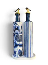 750 ml Büyük Boy El Yapımı Cam Yağdanlık Sirkelik 2'li Set – Çiçek Desenli ve Çizgili Dekoratif Zeytinyağı Şişesi – Modern Mutfak Aksesuarı - Görsel 2