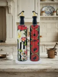 750 ml Büyük Boy El Yapımı Cam Yağdanlık Sirkelik 2'li Set – Çiçek Desenli ve Çizgili Dekoratif Zeytinyağı Şişesi – Modern Mutfak Aksesuarı - Görsel 38